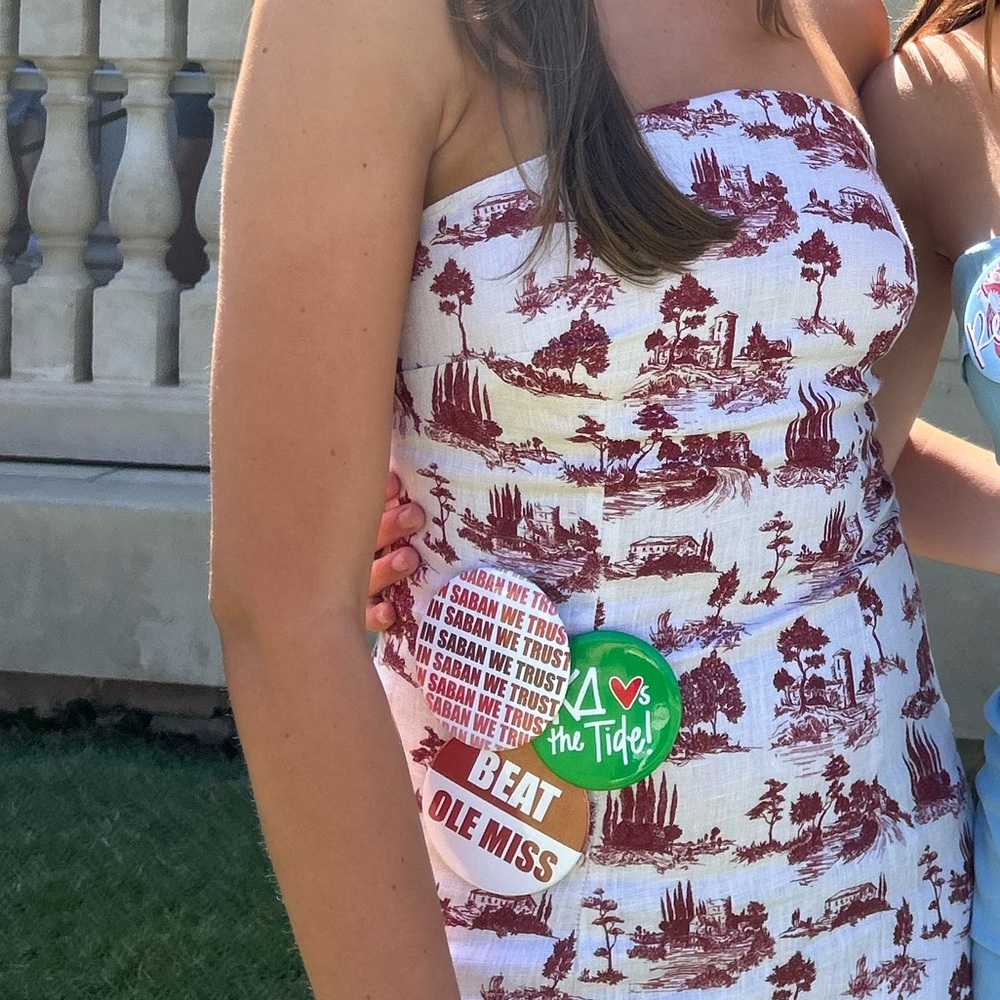 Red And White Patterned Strapless Maxi Dress - image 3